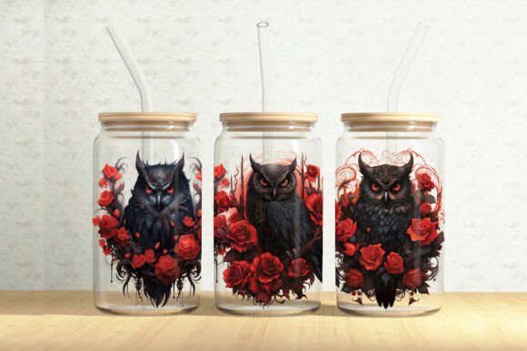Black Floral Owls 16oz Glass Can Wrap Graphics