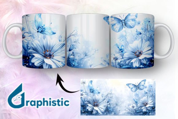 Blue Floral Butterfly Mug Wrap 01 - A Versatile Graphic Design Asset