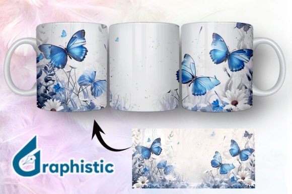 Blue Floral Butterfly Mug Wrap 07 - A Versatile Graphic Design Asset