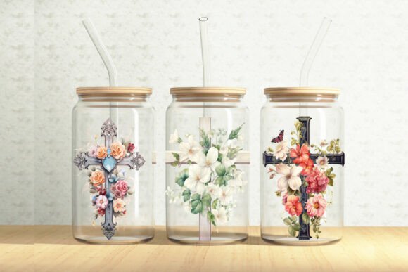 Floral Crosses 16oz Glass Can Wrap - A Versatile Graphic Design Asset