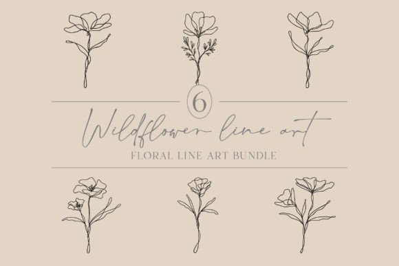Flower Line Art Floral Bundle of 6 - Elegant Graphics for Handmade Creations