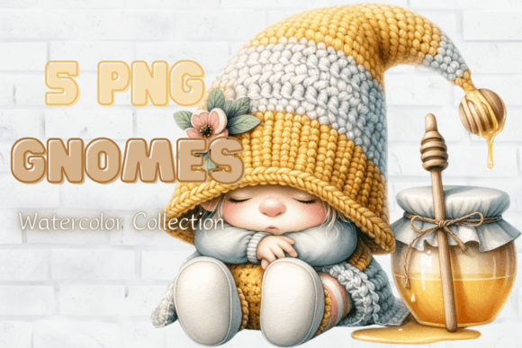 Gnome with Honey Jars, Floral Adornments - Illustrations for Creative Projects